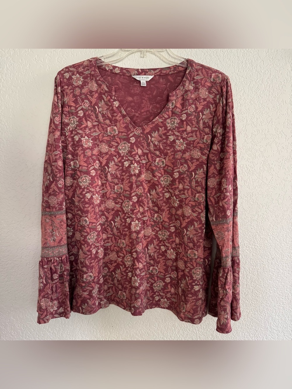 Lucky Brand Dusty Pink Boho Floral Top Prairie Cottage Earthy Bell Sleeves M
